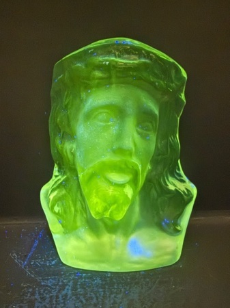 Manganese Jesus Bust Glass Statue Strong UV Reactive - Strong Green Reaction to 365 - Frost and Clear Glass