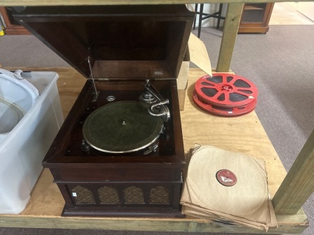 Vintage Tabletop Gramophone with Assortment of Mixed Genre Records
