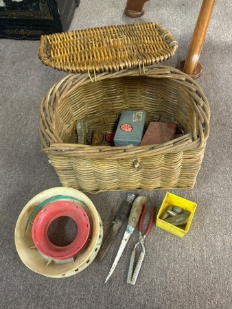 Vintage Cane Fishing Basket with Equipment