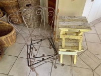 2 Timber Garden Stools + 2 Iron Chair Frames for Repair