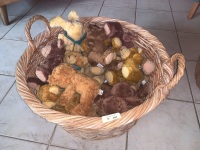 Large Wicker Laundry Basket Full of Small Collector Club Teddies