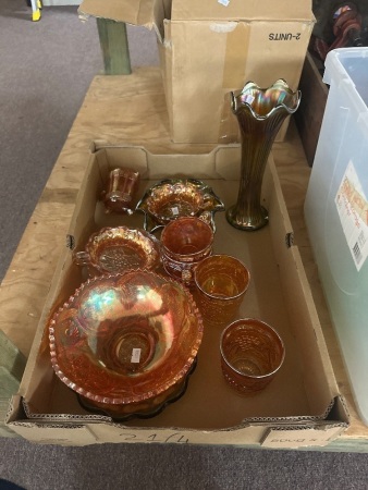 Selection of Marigold & Green Carnival Glass Pieces