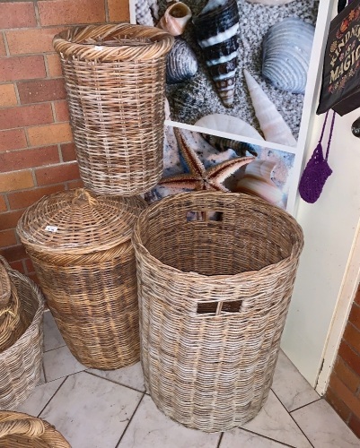 2 Tall Wicker Laundry Baskets - 1 With Lid + Another Thick Wicker Basket