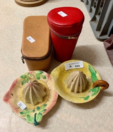 2 Vintage Ceramic Lemon Squeezers + 2 Retro Anodised Picnic Beaker Sets in Cases