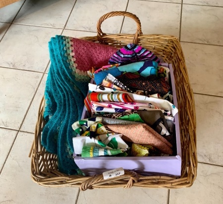 Large Wicker Laundry Basket with Vintage Fabrics, Blankets etc