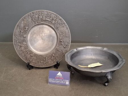 Antique European Pewter Tri-Footed Bowl (stamped with Angel) & Antique German Zinn Pewter Dish (stamped 95%)