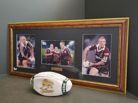 Signed Origin Legends (Langer, Lockyer & Tallis) Framed Photos + Broncos Ball