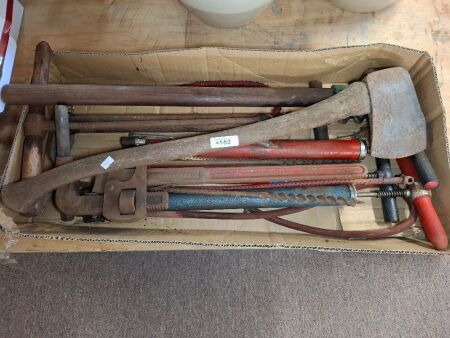 Mixed Tool Lot - Incs 4 Vintage Push Bike Pumps, 3 Large Hand Drills & Large 24" Stillson