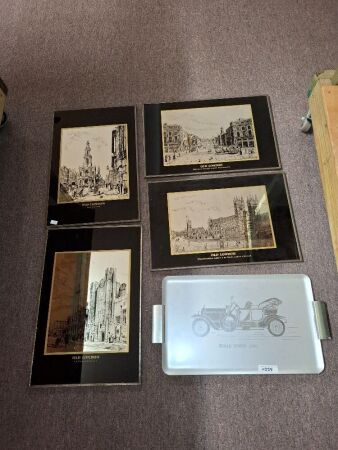 4 Old London Mirror Scenes + Rolls Royce 1909 Tray