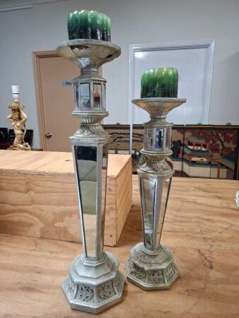 2x alloy and glass candlesticks