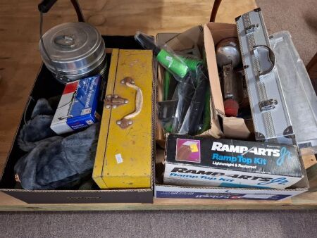 2 boxes of assorted items inc. serving tray, surfboard motorbike mount, tool boxes, Ray Ban sunglasses, ramp kit etc