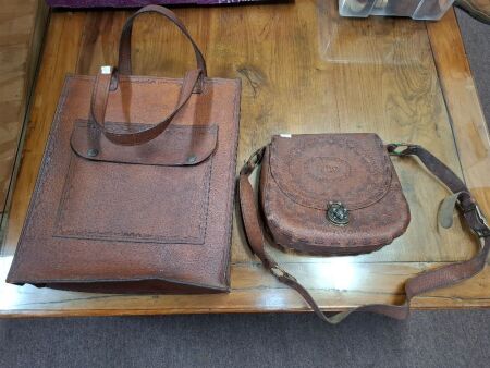 Hand-tooled leather handbag + shoulder bag