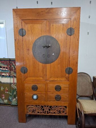 Antique Chinese solid elm wedding cabinet with brass fittings