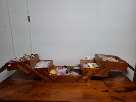 3-tier cantilever sewing box with contents