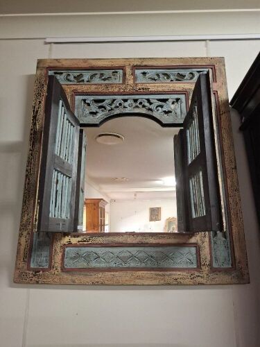 Balinese painted mirror with shutter doors
