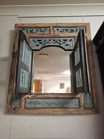 Balinese painted mirror with shutter doors