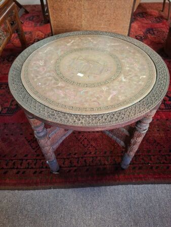 Vintage folding carved wooden tray table with incised brass inlay top