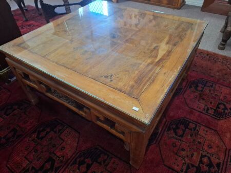 Vintage Chinese carved wooden coffee table with glass top