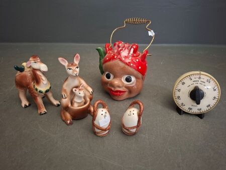 Mixed Kitchen Lot - Ins Tea Pot - Salt and Pepper Set and Kitchen Timer