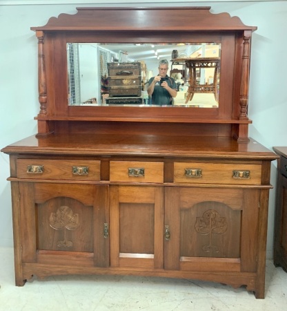 Large Sideboard with Carved Doors & Bevelled Mirror & Shelves on Turned Supports