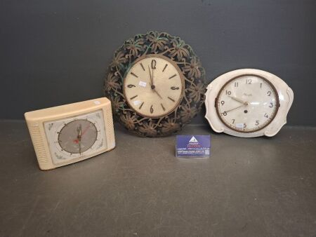 Mixed Collection of Vintage Clocks - 2 x Wall Hanging - 1 x Alarm