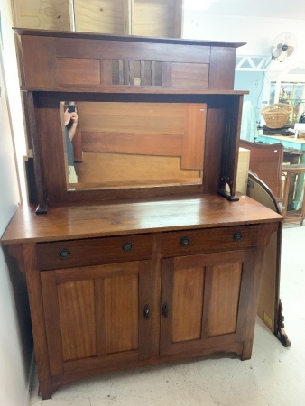 Arts & Crafts Style  2 Door Sideboard with Bevelled Mirror & Shelves Above