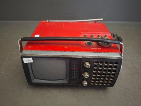 Vintage Red Portable Crown 5TV-504 Tranisistor Radio and Black and White Tevevision Combination from the 1970s