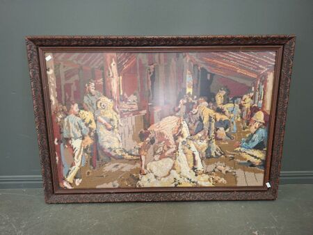 Vintage Wooden Picture Frame with Sheering the Rams Tapestry Tom Roberts