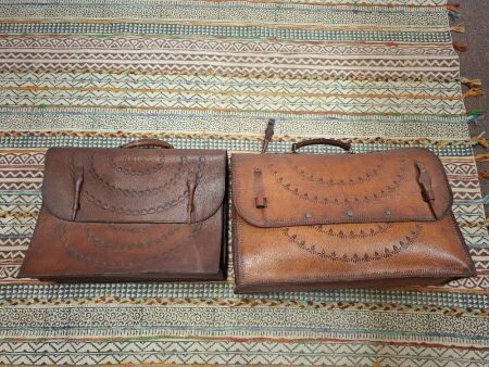 2x hand-tooled leather satchels