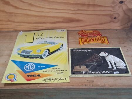 3 Metal Signs - MG Car, His Masters & Golden Fleece