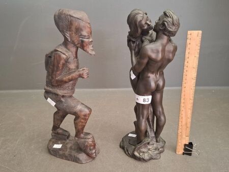 Caved Hardwood African Sculture of a Bearded Man and a Statue of a Embracing Couple