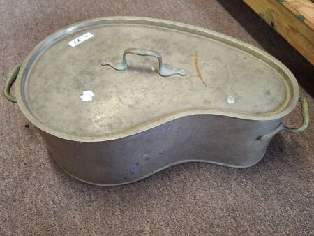 Vintage stainless steel ham roasting pan with brass handles