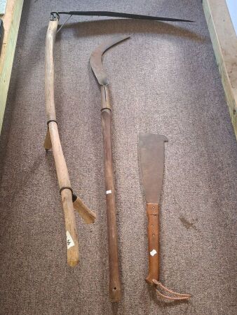 Vintage scythe, sickle (marked) and cane knife/machette