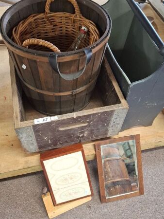 Mixed lot inc. wooden box on casters, cheese cutter, cane basket, wooden magazine rack etc