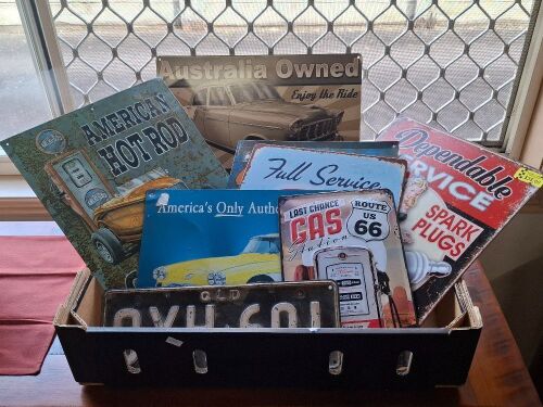 Assorted lot of printed tin garage signs + vintage QLD number plate