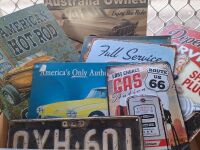 Assorted lot of printed tin garage signs + vintage QLD number plate - 2
