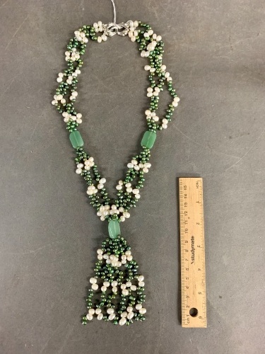 Green & White Long Freshwater Pearl & Jade Necklace