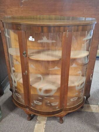 Vintage bow front display cabinet with etched swan designs