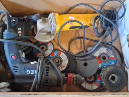 2x AEG electric drills, 1x DEWALT 4in angle grinder + assorted grinding and cutting disks