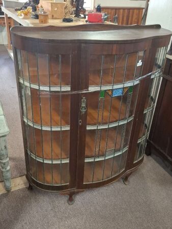 Bow front leadlight display cabinet C1940s
