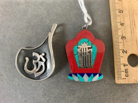 2 Sterling Silver Tibetan Pendants - 1 Silver - 1 Coral, Turquoise & Lapis