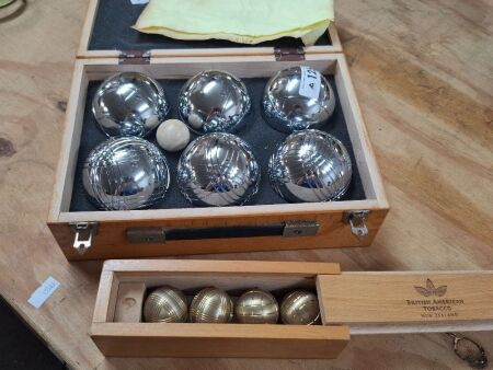 Metal petanque game set in box with playing instructions + small brass bocce balls