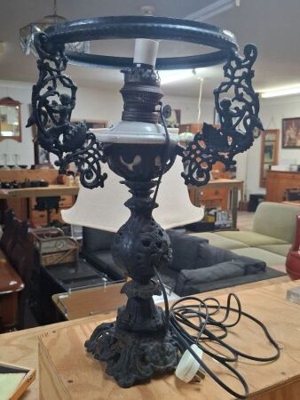Vintage oil lamp with cast iron base - converted to electric