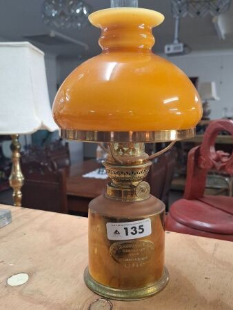 Vintage brass lamp stamped G.V HARNISCH EFTF. GRUNDLAGT 1842 (Denmark) with orange glass shade and chimney