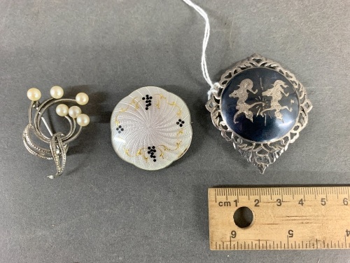 3 Vintage Sterling Silver Brooches with Pearl & Enamel