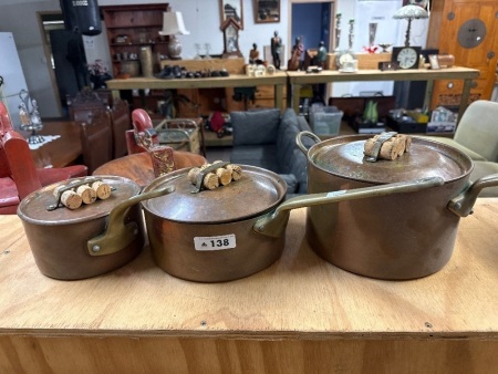 3x St Claire copper saucepans with lids