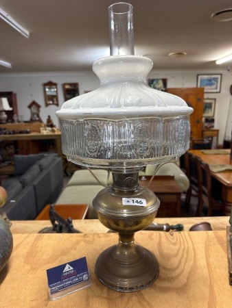 Vintage ALADDIN brass oil lamp with clear/milk glass shade and chimney
