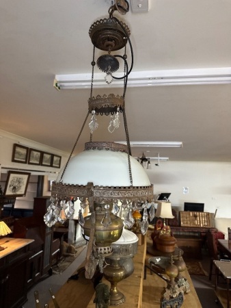 Adjusting hanging Miller oil lamp with glass pendants - converted to electric - piece missing from top of shade (not visible with collar)