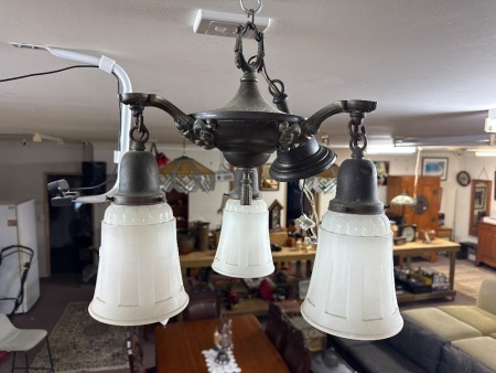 Brass/bronze hanging chandelier light with frosted glass shades