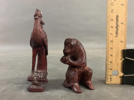 2 Vintage Chinese Carved Rosewood Figures - Bird & Monkey